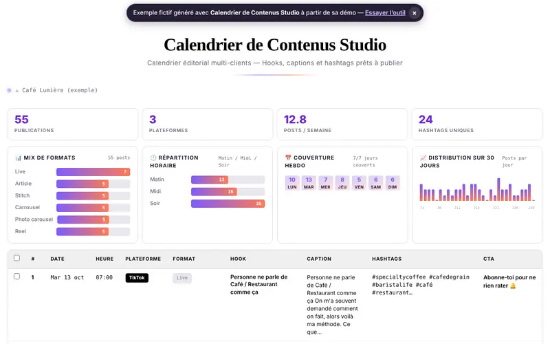 Aperçu du document généré par Calendrier de Contenus Studio avec des données fictives