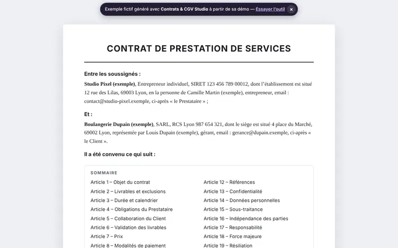 Aperçu du document généré par Contrats & CGV Studio avec des données fictives