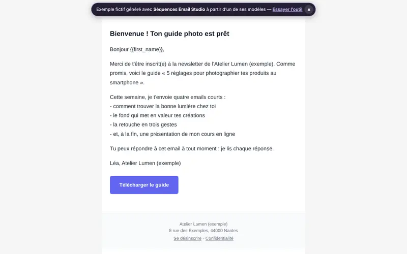 Aperçu du document généré par Séquences Email Studio avec des données fictives