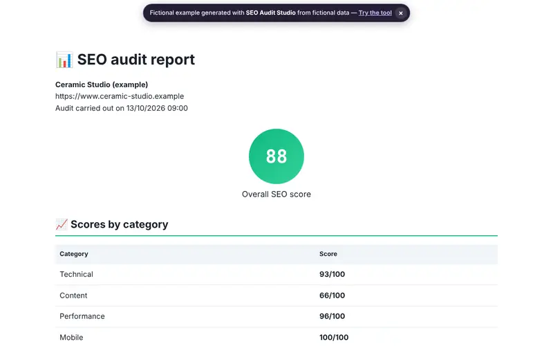 Preview of the document generated by SEO Audit Studio with fictional data