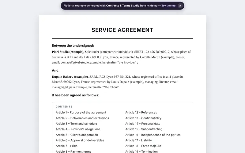 Preview of the document generated by Contracts & Terms Studio with fictional data