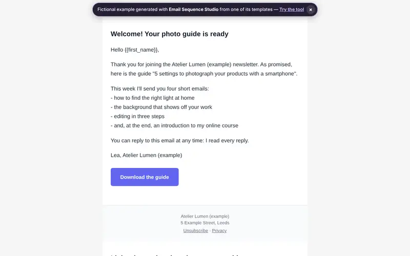 Preview of the document generated by Email Sequence Studio with fictional data