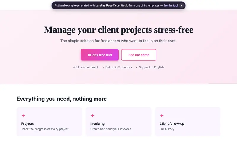 Preview of the document generated by Landing Page Copy Studio with fictional data