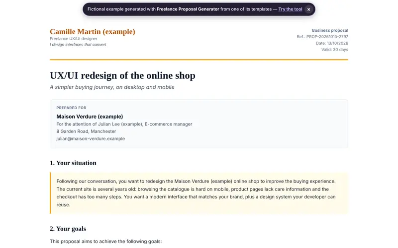 Preview of the document generated by Freelance Proposal Generator with fictional data