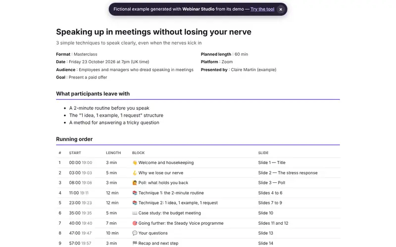 Preview of the document generated by Webinar Studio with fictional data