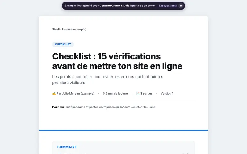 Aperçu du document généré par Contenu Gratuit Studio avec des données fictives