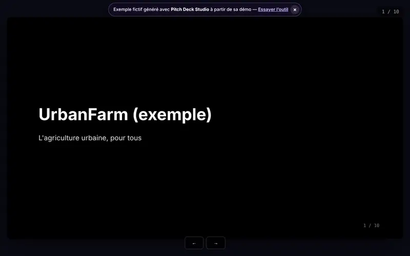 Aperçu du document généré par Pitch Deck Studio avec des données fictives