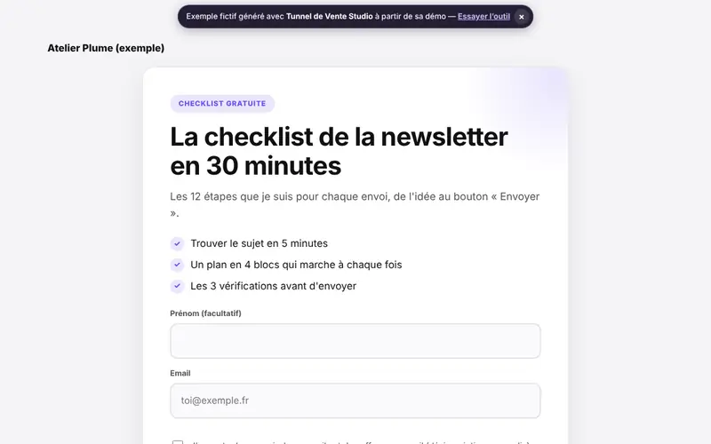 Aperçu du document généré par Tunnel de Vente Studio avec des données fictives